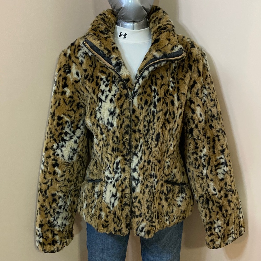 Faux Fur Leopard Print Jacket - Tan/Black